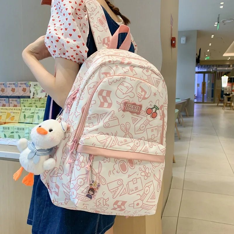 Mandotos International high-capacity plaid student backpack with cute print, ideal for school and everyday use