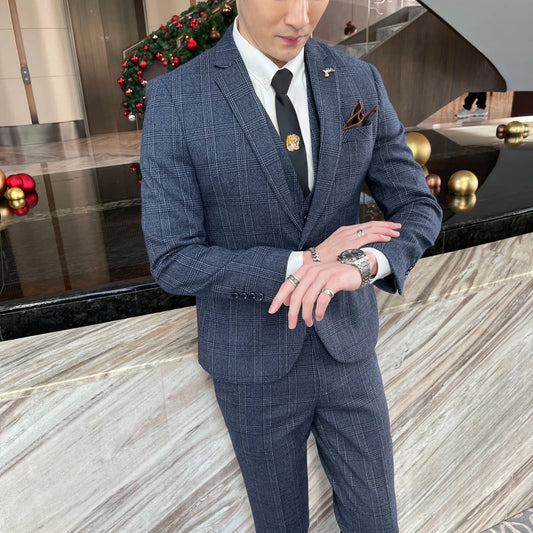 High-quality British Korean style plaid men's 3-piece business casual suit set by MANDOTOS INTERNATIONAL, featuring a blazer, vest, and trousers.