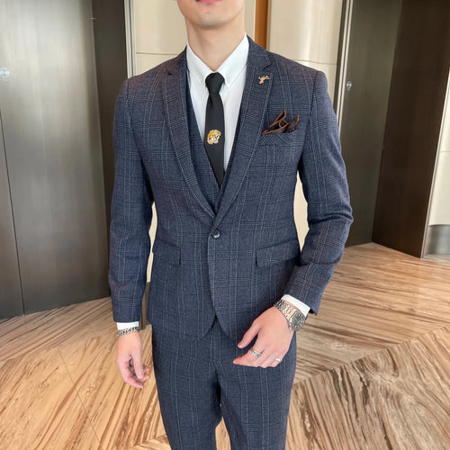 British Korean style plaid men's 3-piece business casual suit set by MANDOTOS INTERNATIONAL, featuring a tailored blazer, vest, and pants.
