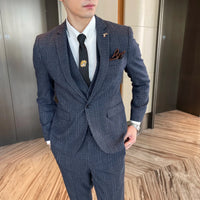 High-quality British Korean style plaid men's 3-piece business casual suit set by MANDOTOS INTERNATIONAL, showing the jacket, vest, and trousers.