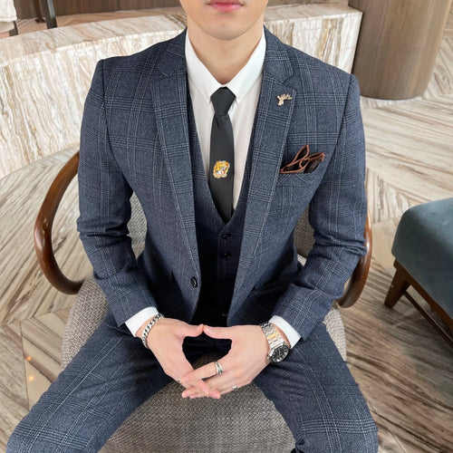 British Korean style plaid men's 3-piece business casual suit set by MANDOTOS INTERNATIONAL, featuring a blazer, vest, and trousers.