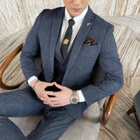 Mandotos International men's 3-piece British Korean plaid business casual suit set with jacket, vest, and trousers.