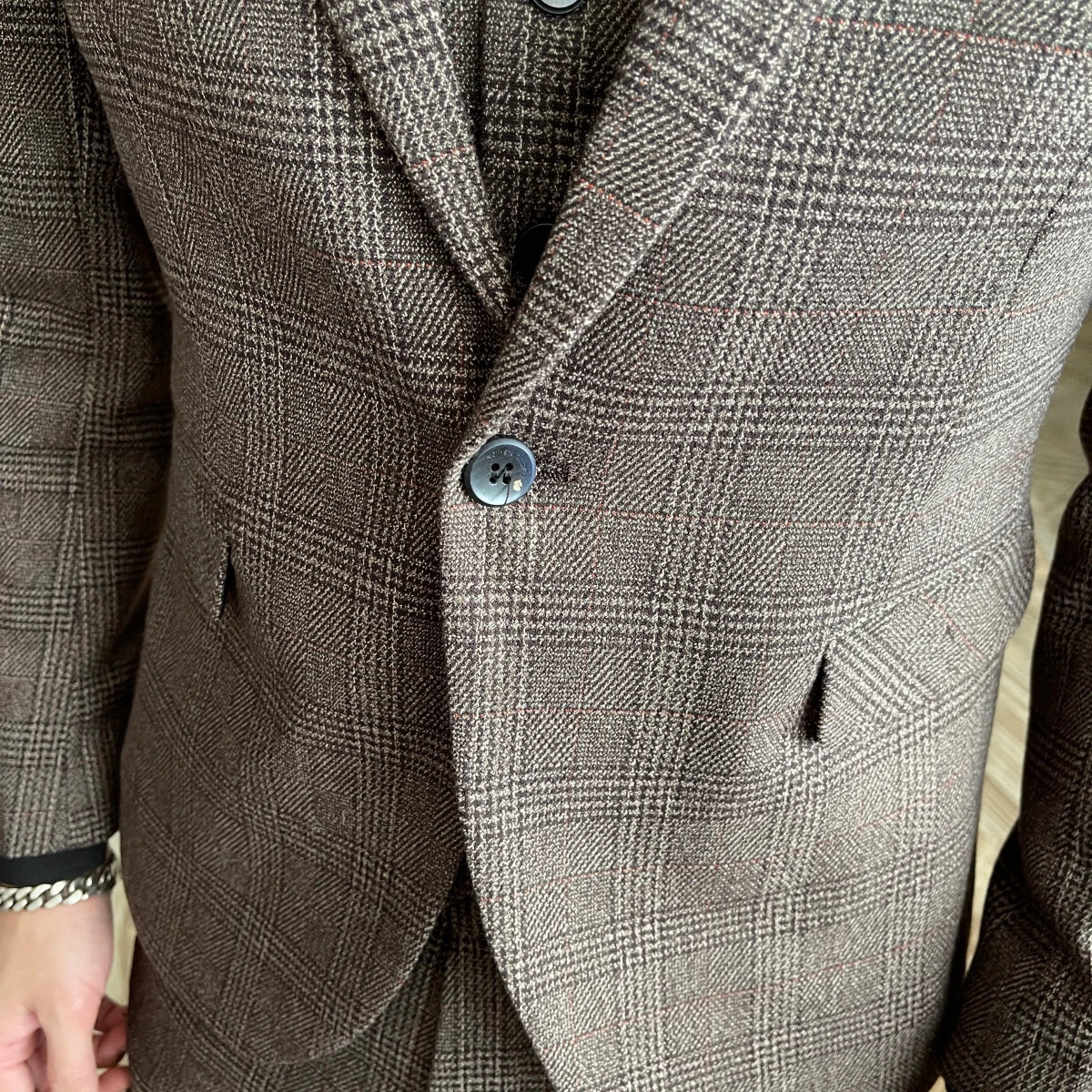 High-quality British Korean style plaid men's 3-piece business casual suit set by MANDOTOS INTERNATIONAL, featuring a jacket, vest, and trousers.