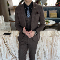 British Korean style plaid men's 3-piece business casual suit set by MANDOTOS INTERNATIONAL, featuring a blazer, vest, and trousers.
