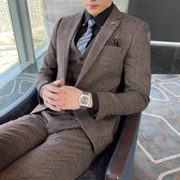 High-quality British Korean style plaid men's 3-piece business casual suit set by MANDOTOS INTERNATIONAL, featuring a blazer, vest, and trousers.
