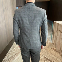 British Korean style plaid men's 3-piece business casual suit set by MANDOTOS INTERNATIONAL, featuring tailored jacket, vest, and trousers.