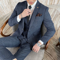 High-quality British Korean style plaid men's 3-piece business casual suit set by MANDOTOS INTERNATIONAL, featuring a jacket, vest, and trousers.