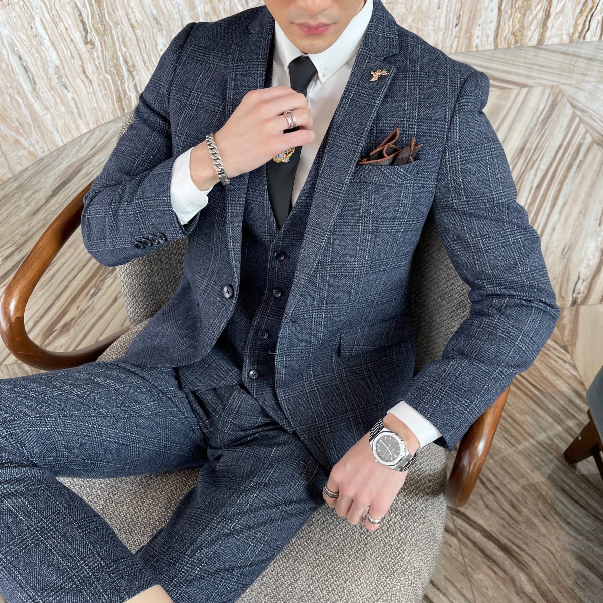 High-quality British Korean style plaid men's 3-piece business casual suit set by MANDOTOS INTERNATIONAL, featuring a jacket, vest, and trousers.