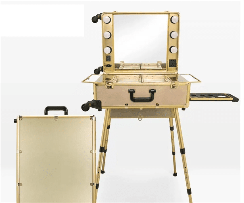 Mandotos International high-quality makeup travel rolling carry case with lights, cosmetic trolley suitcase for beauty essentials.