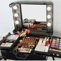 Mandotos International high-quality makeup travel rolling carry case with built-in lights, compact cosmetic trolley for beauty on the go.