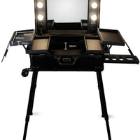Mandotos International high-quality makeup travel rolling carry case with lights, designed for cosmetics and beauty essentials.