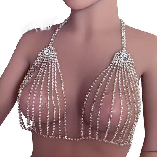 High-quality crystal thong panties by MANDOTOS INTERNATIONAL featuring rhinestones, shiny bikini chain, and lingerie set for women.