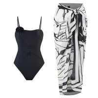 High-quality swimwear fabric with printed sarong and bikini set, includes beach coverup wrap skirt and customizable logo bathing suit.