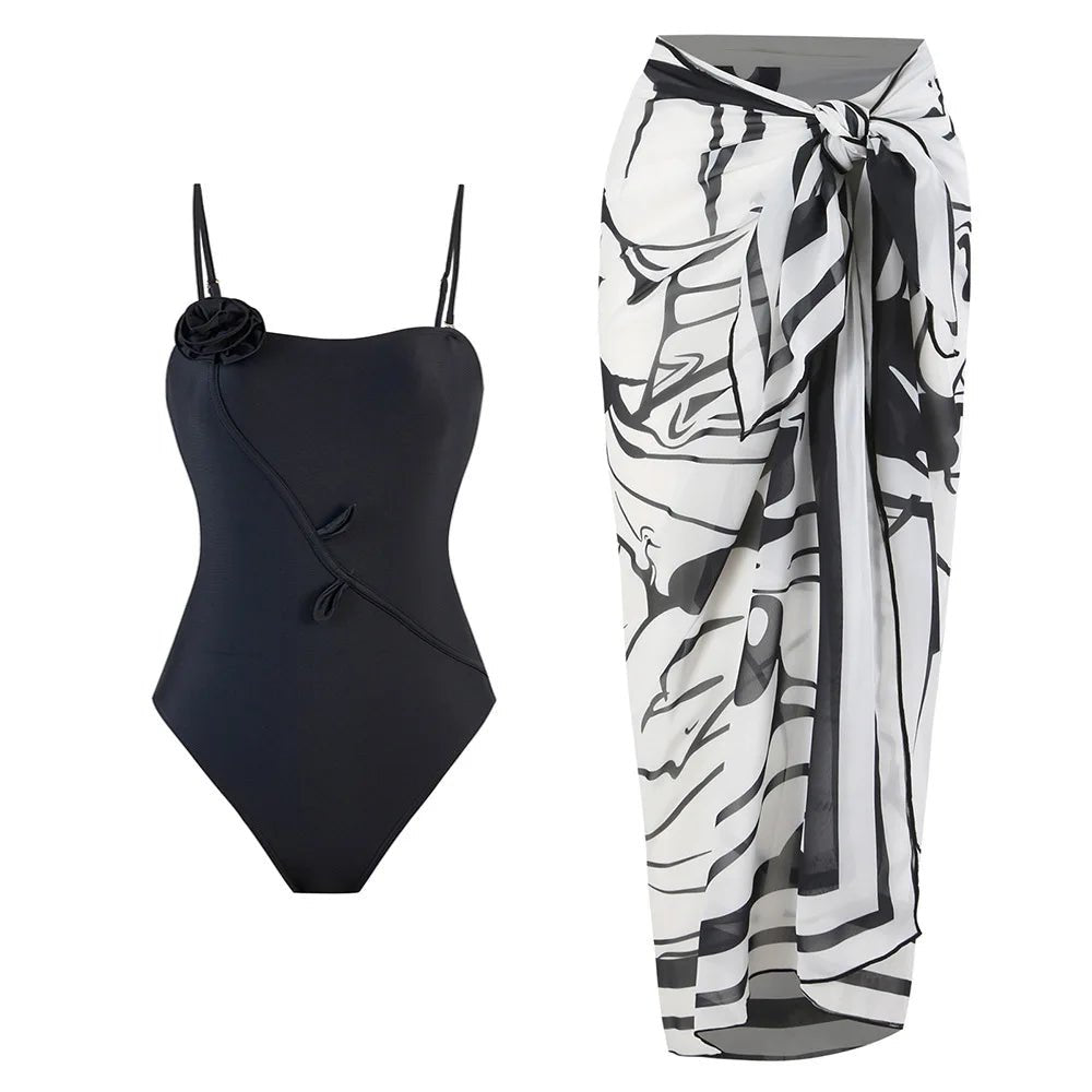 High-quality swimwear fabric with printed sarong and bikini set, includes beach coverup wrap skirt and customizable logo bathing suit.