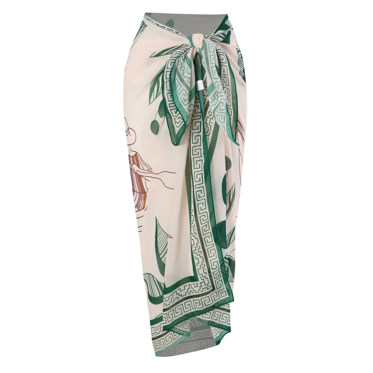 Mandotos International women’s print sarong and bikini set with beach coverup wrap and pareo, high-quality swimwear fabric, 2-piece design.