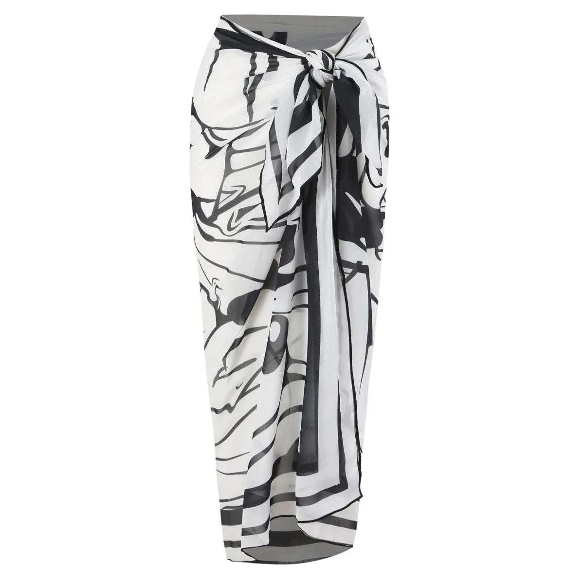 Mandotos International high-quality swimwear fabric, women’s printed sarong and bikini set with beach coverup wrap skirt and 2-piece design.