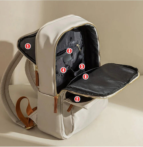 Mandotos International waterproof laptop backpack designed for business travel, featuring multiple compartments and durable material.