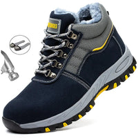 Mandotos men's winter work boots with steel toe cap, puncture-proof sole, plush lining, and safety features for cold weather.