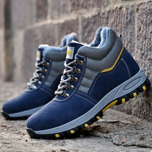 Mandotos men's winter safety boots with steel toe cap, puncture-proof sole, plush lining, and reinforced work shoe design.