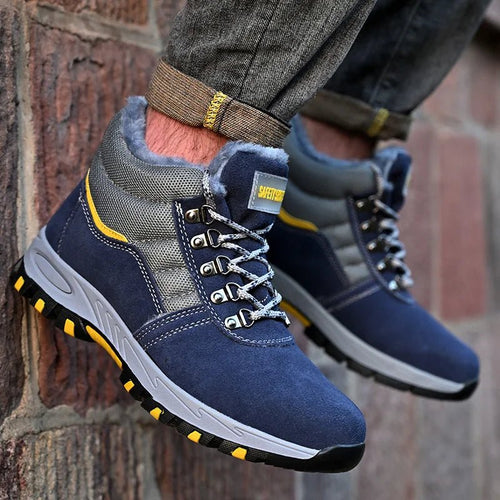 Mandotos International men's winter safety boots with steel toe cap, puncture-proof sole, plush lining, and durable work shoe design.