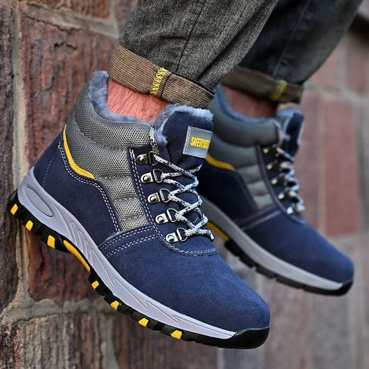 Mandotos International men's winter safety boots with steel toe cap, puncture-proof sole, plush lining, and durable work shoe design.