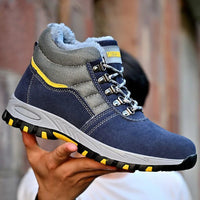 Mandotos men's winter safety boots with steel toe cap, plush lining, puncture-proof sole, ideal for work and cold weather conditions.