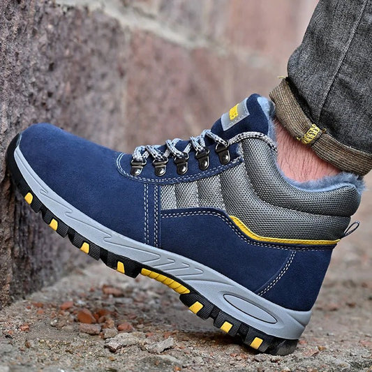 Mandotos International men's winter safety boots with steel toe cap, puncture-proof sole, plush lining, and rugged work shoe design.