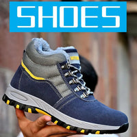 Mandotos men's winter safety boots with steel toe cap, plush lining, puncture-proof soles, ideal for work and cold weather.