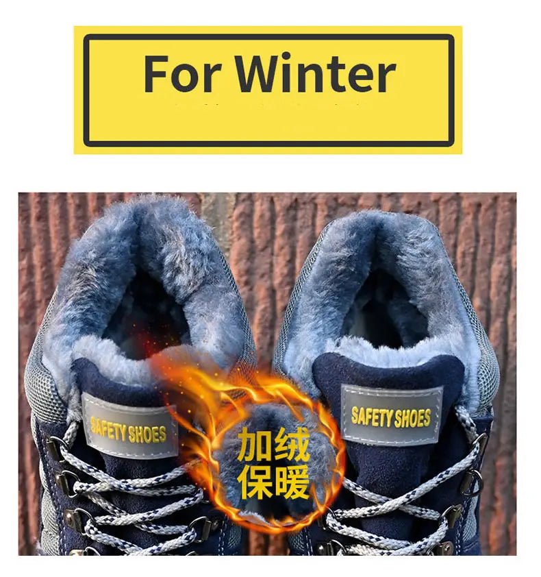 High-quality winter safety boots for men with steel toe cap, plush warm lining, puncture-proof sole, ideal for work environments.