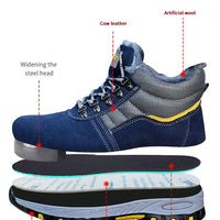 Mandotos men's winter safety boots with steel toe cap, puncture-proof sole, plush lining, and durable work shoe design.
