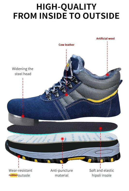 Mandotos men's winter safety boots with steel toe cap, puncture-proof sole, plush lining, and durable work shoe design.