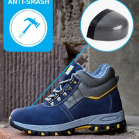 Mandotos men's winter safety boots with steel toe cap, plush lining, puncture-proof sole, ideal for work and cold weather.