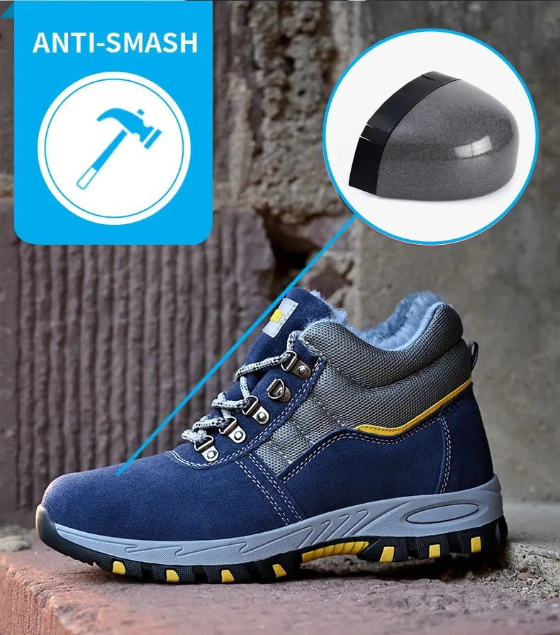 Mandotos men's winter safety boots with steel toe cap, plush lining, puncture-proof sole, ideal for work and cold weather.