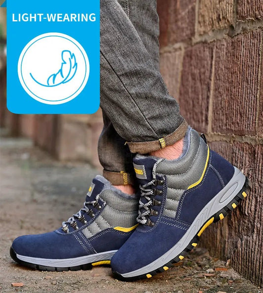 Mandotos men's winter safety boots with steel toe cap, puncture-proof sole, plush lining, ideal for work and cold weather.