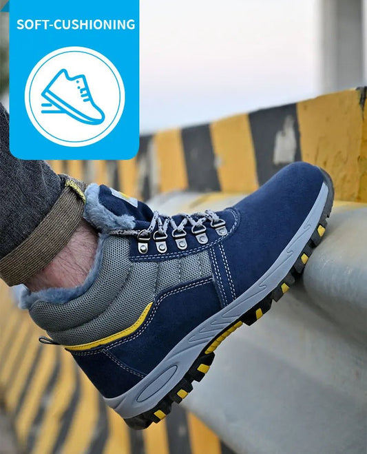 Mandotos men's winter work boots with steel toe cap, plush lining, puncture-proof safety shoes, durable safety work footwear