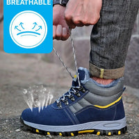 Mandotos men's winter safety boots with steel toe cap, puncture-proof sole, plush lining, ideal for work and cold weather.