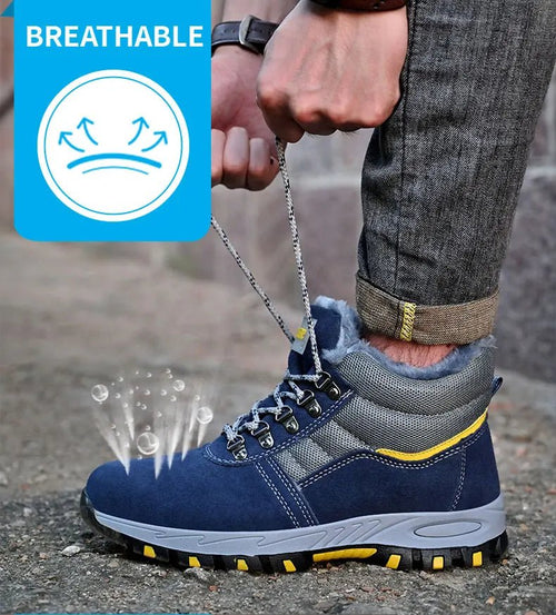 Mandotos men's winter safety boots with steel toe cap, puncture-proof sole, plush lining, ideal for work and cold weather.