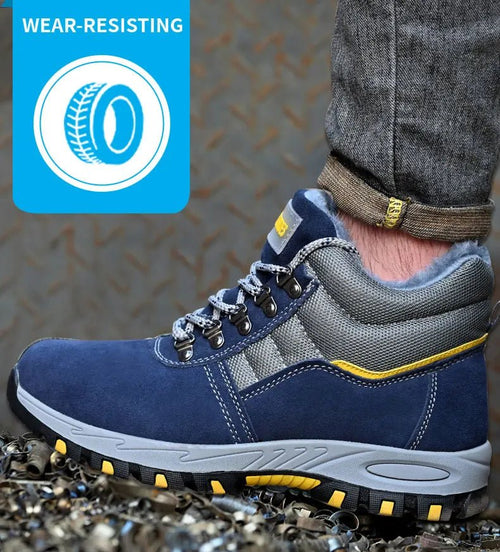 Mandotos men's winter safety boots with steel toe cap, plush lining, puncture-proof sole, ideal for work and cold weather conditions.