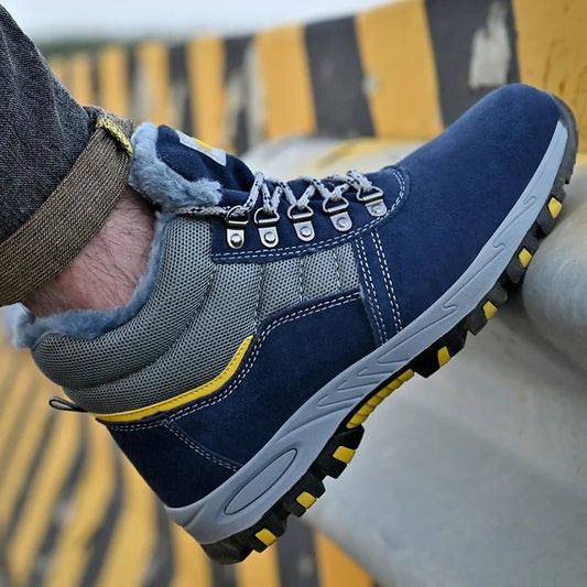 Mandotos men's winter steel toe work boots with plush lining, safety cap, puncture-proof sole, and durable waterproof design.