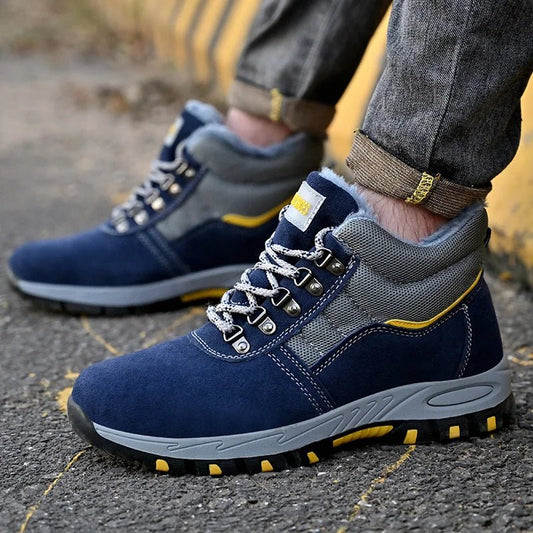 Mandotos International men's winter safety boots with steel toe cap, plush lining, puncture-proof sole, ideal for work and cold weather.