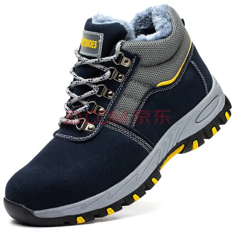 High-quality winter men's work boots with steel toe cap, puncture-proof soles, plush lining, and safety features by MANDOTOS INTERNATIONAL.
