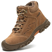 Mandotos men's winter safety boots with steel toe cap, puncture-proof sole, plush lining, and durable work shoe design