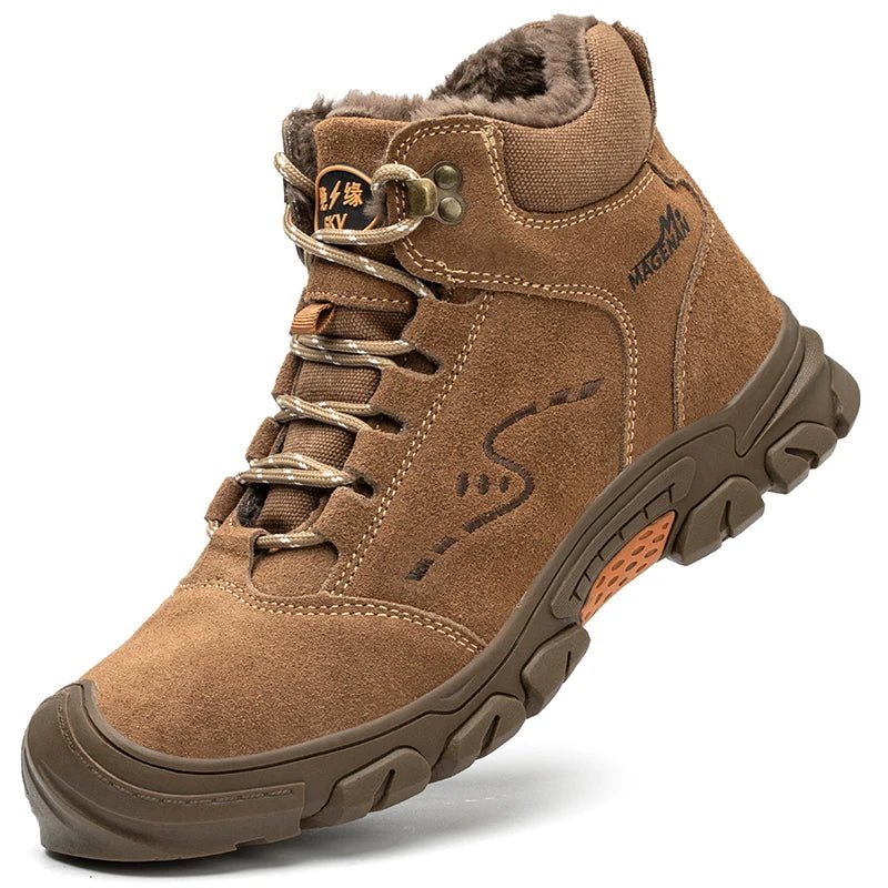 Mandotos men's winter safety boots with steel toe cap, puncture-proof sole, plush lining, and durable work shoe design