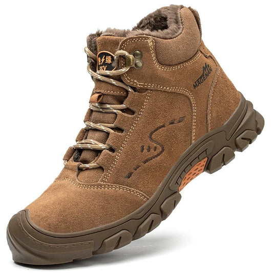 Mandotos men's winter safety boots with steel toe cap, puncture-proof sole, plush lining, and durable work shoe design