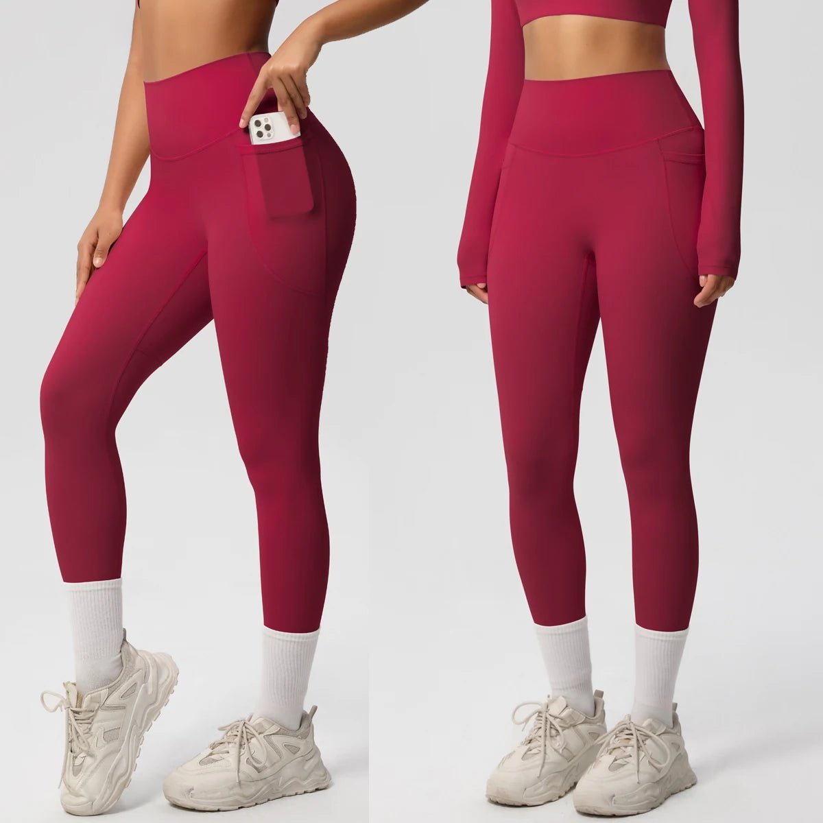 High waist women's Mandotos yoga leggings with pockets, stretch fit, push-up design, suitable for running and fitness, solid color.