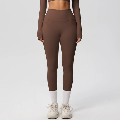 Mandotos International high waist women's stretch yoga leggings with pockets, push-up design, ideal for fitness, running, and sports.