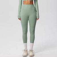 Mandotos high waist women's stretch yoga leggings with pockets, suitable for fitness, running, and sports in solid color.