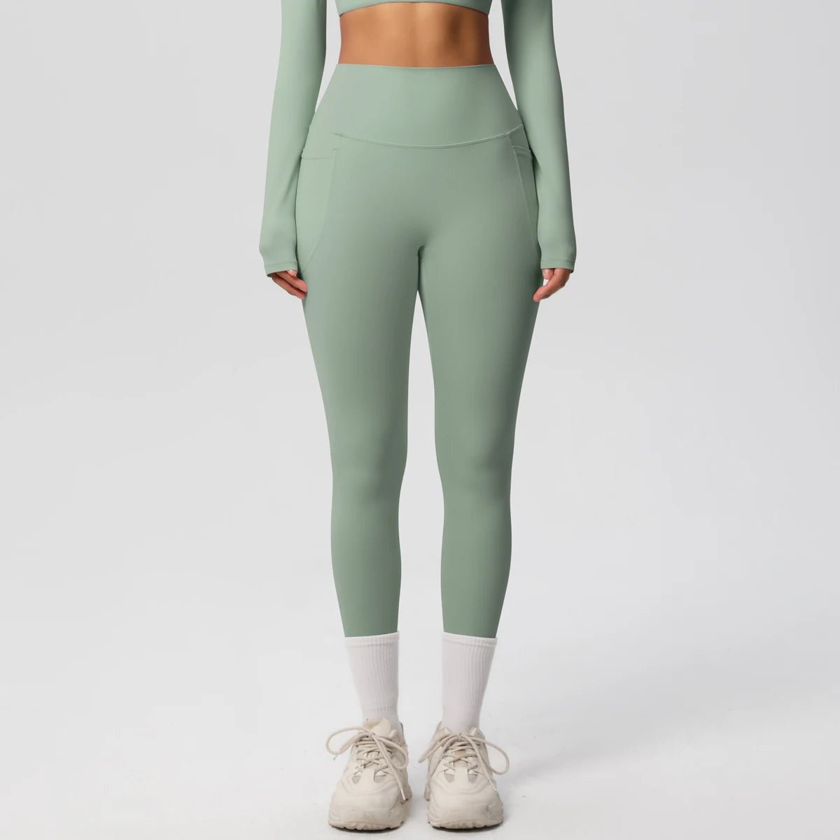 Mandotos high waist women's stretch yoga leggings with pockets, suitable for fitness, running, and sports in solid color.