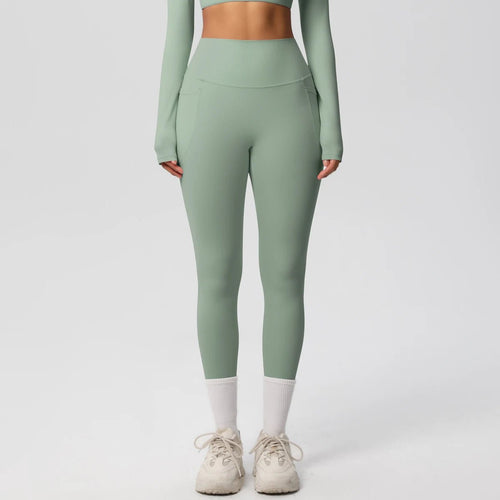 Mandotos high waist women's stretch yoga leggings with pockets, suitable for fitness, running, and sports in solid color.