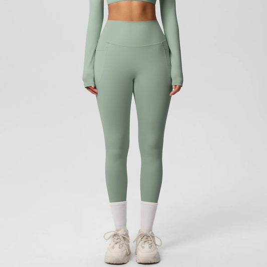 Mandotos high waist women's stretch yoga leggings with pockets, suitable for fitness, running, and sports in solid color.